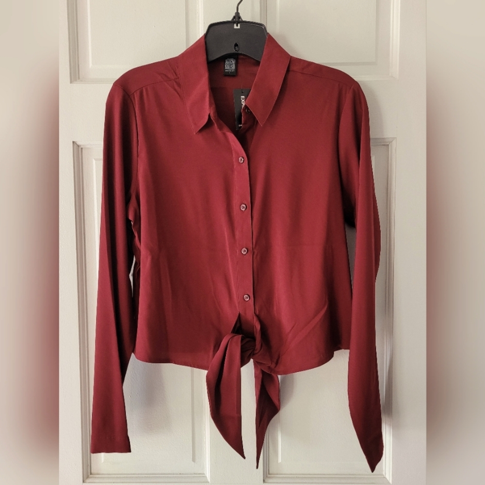 Express Portofino Wine Button Down Tie Front Shirt, Size S